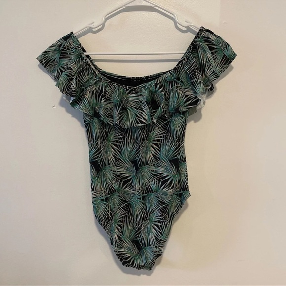 Cabana Del Sol palm leaf tropical print one piece off the shoulder swimsuit S - Picture 2 of 5